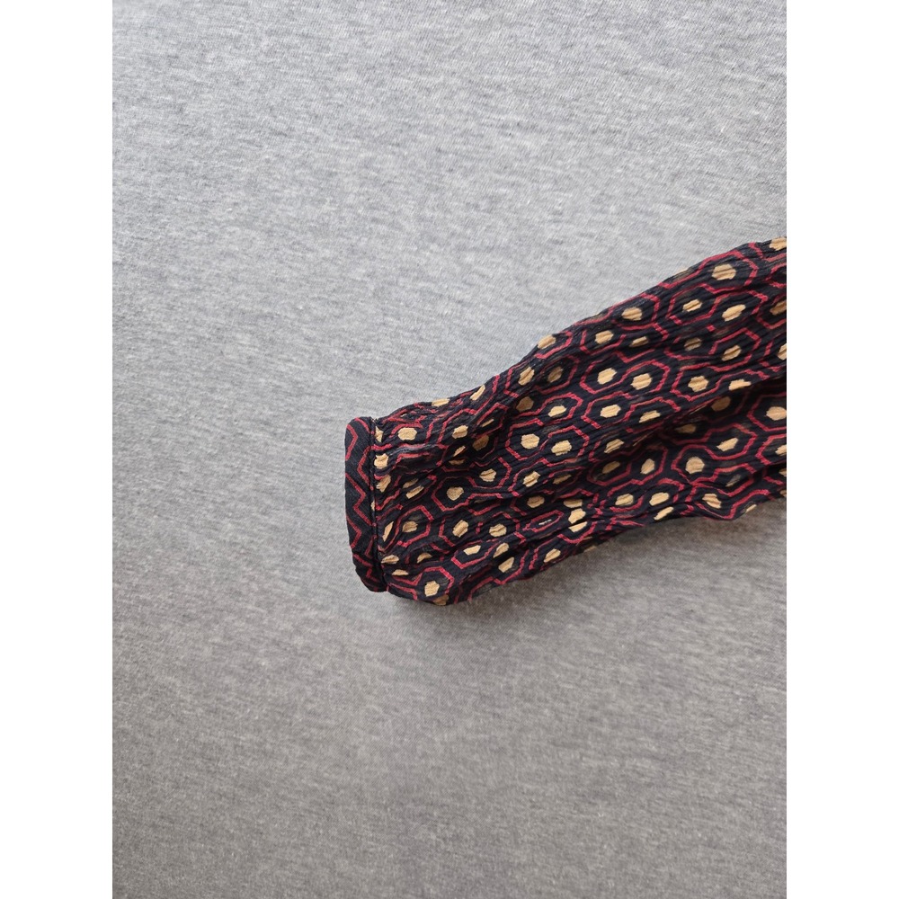 Free People Silk Blouse Women XS Burgundy Geometric Tie Neck Smocked Waist Top - Picture 7 of 11